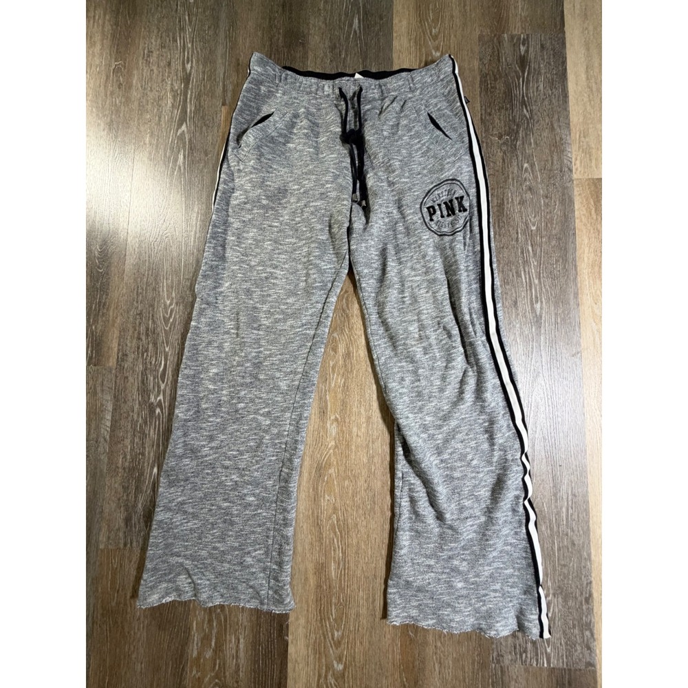 PINK Victoria's Secret Sweatpants Womens Medium Gray Wide Leg Raw Hem Stripe